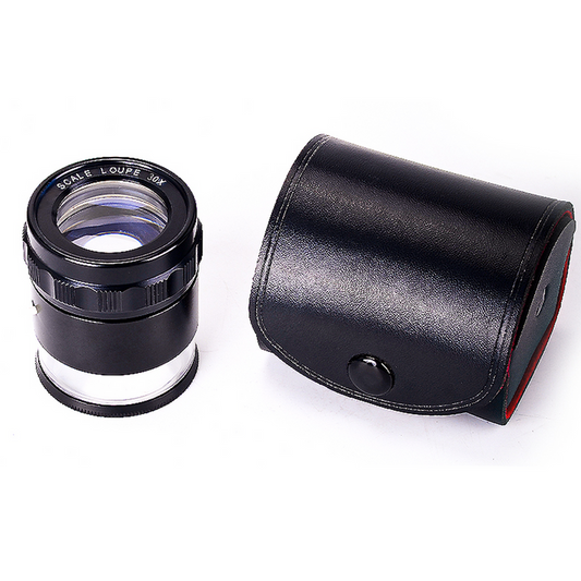 30mm/300 Div 30X Adjustable Magnifier with Scale, SKU MG02102301, three quarter front view