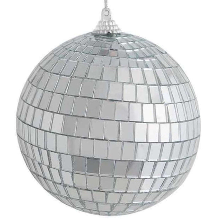 Silver disco ball ornament with mirrored tiles for festive decor. #whtbkgd