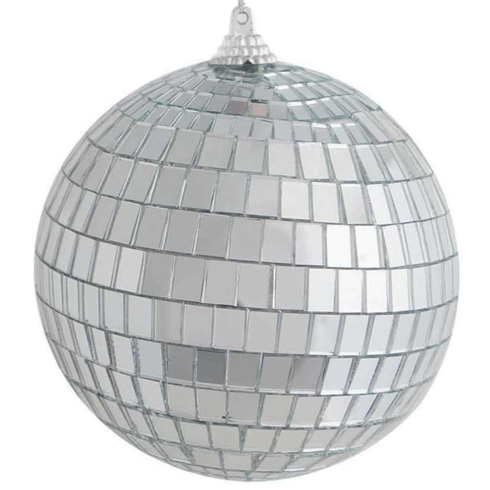Shiny disco ball with mirror tiles hanging from a silver top. #whtbkgd