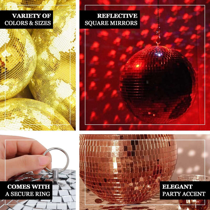 Variety of disco balls in gold and red, perfect for parties and events.