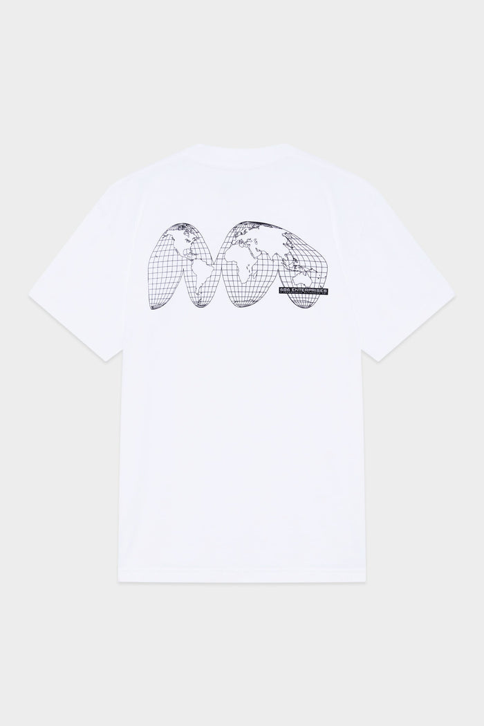 The 686 Mens Global Enterprises Short Sleeve Tee by 686 features a vintage-fit white graphic tee with a black wireframe world map‚Äîdistorted continents and grid lines‚Äîprinted on the back.