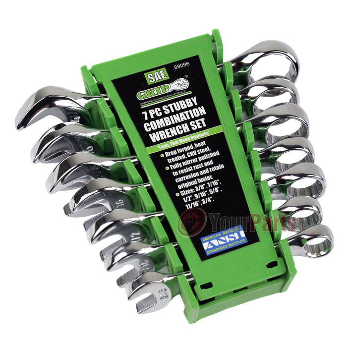 7 Piece Stubby Combination Wrench Set SAE w/ Storage Rack Case 3/8" to 3/4"