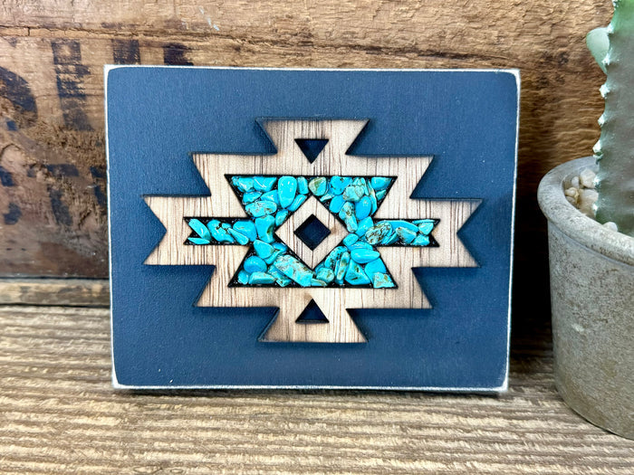 Turquoise Aztec wood wall art, blue square frame with large star mosaic centerpiece