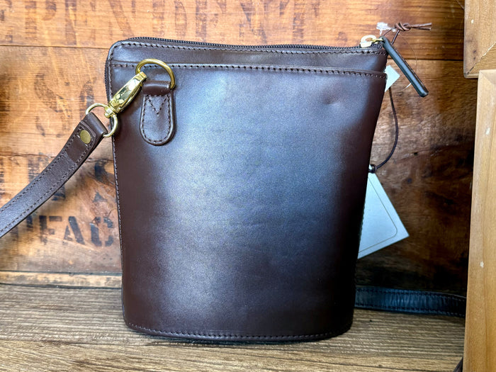 Brown leather bucket purse, zip top and gold clasp with crossbody strap