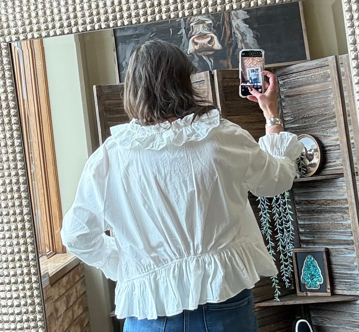 White ruffle cotton shirt, back view, voluminous shoulder and yoke ruffles