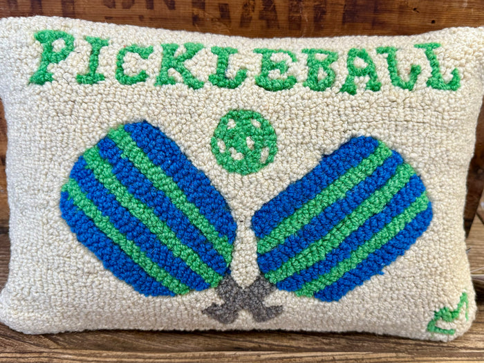 Hand-hooked wool pillow front, cream with green lettering and two blue/green paddles