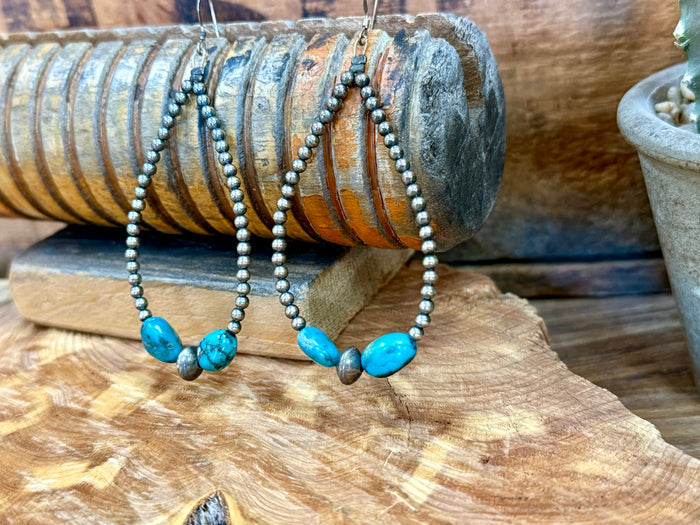 Turquoise stone beaded hoop earrings with silver bead strands, dangle drop