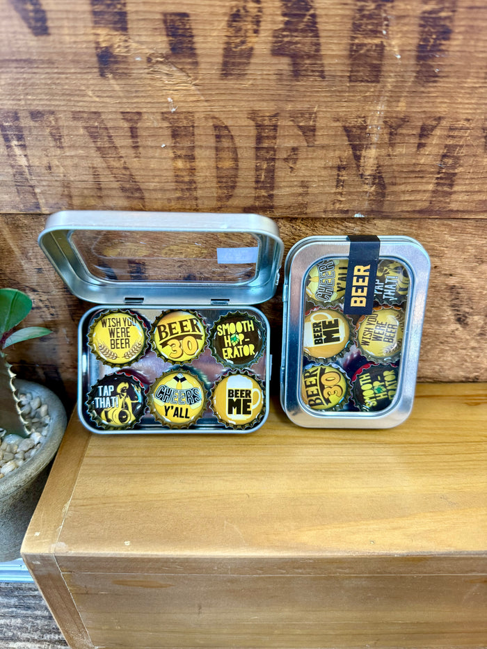 Handmade beer magnets set in metal tin, six yellow bottle-cap designs