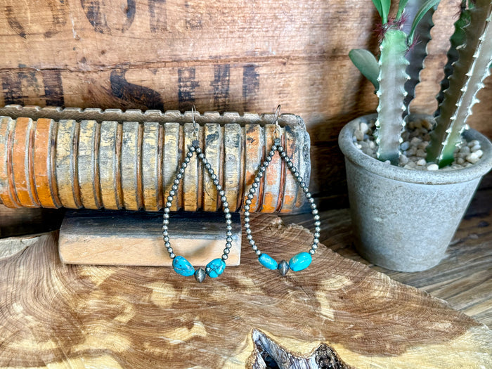 Turquoise and silver bead dangle hoop earrings with oval turquoise stones