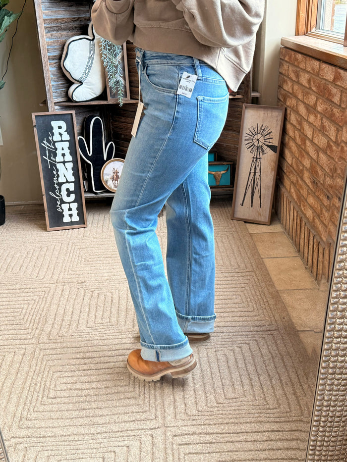 Flying Monkey flare jeans light blue denim, side view with belt loops and leg seams