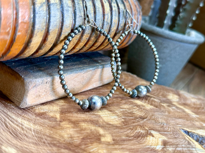 Sterling silver bead hoop earrings with hanging loop and round bead accents