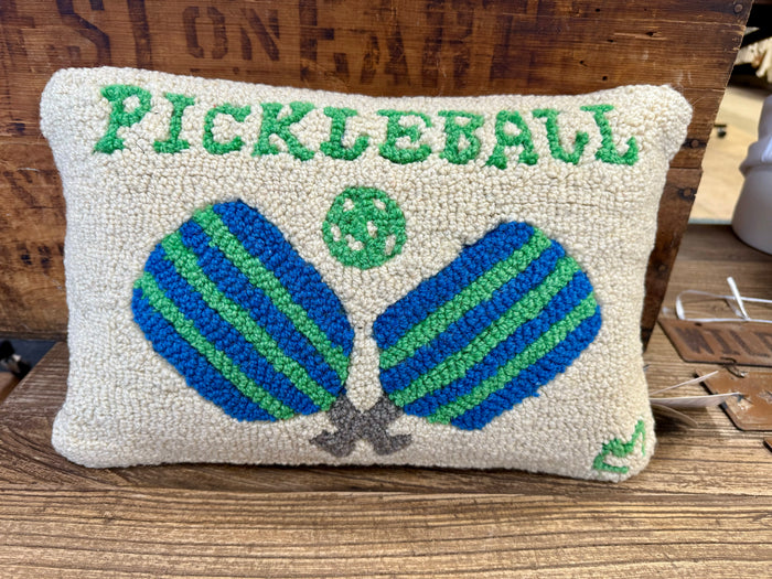 Hand-hooked wool pillow, cream with green word and blue/green pickleball paddles
