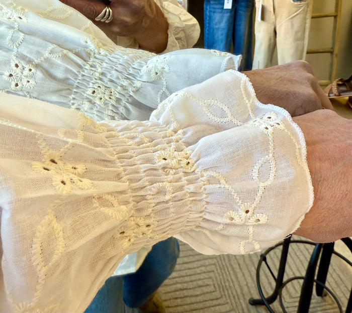 Ivory eyelet ruffle front shirt detail with gathered trim
