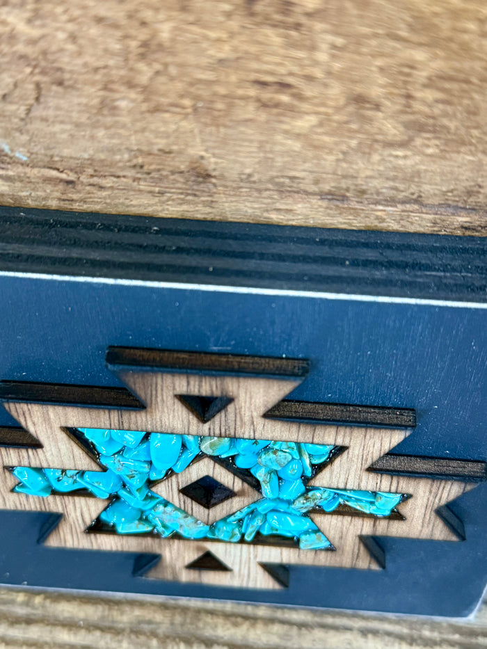 Blue-backed wood Aztec wall art with turquoise rock inlay star pattern and cutout shapes