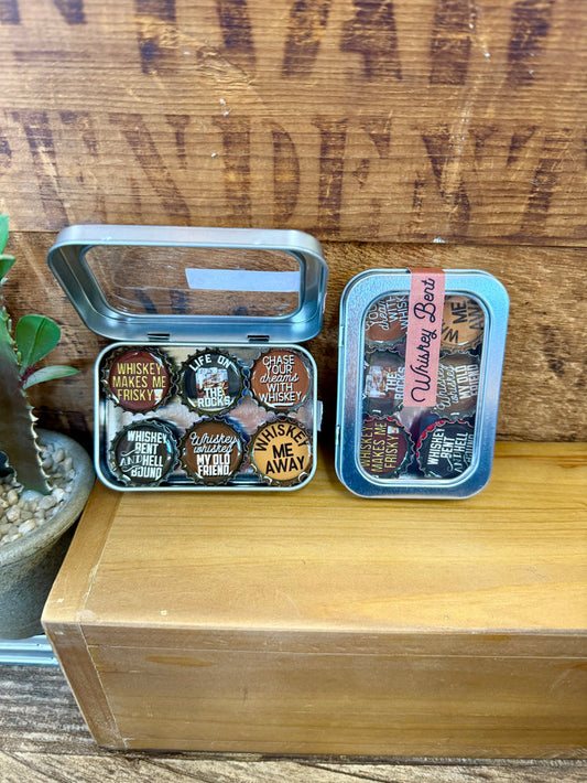 Handmade whiskey-themed magnet set in silver metal tin, 6 round sayings