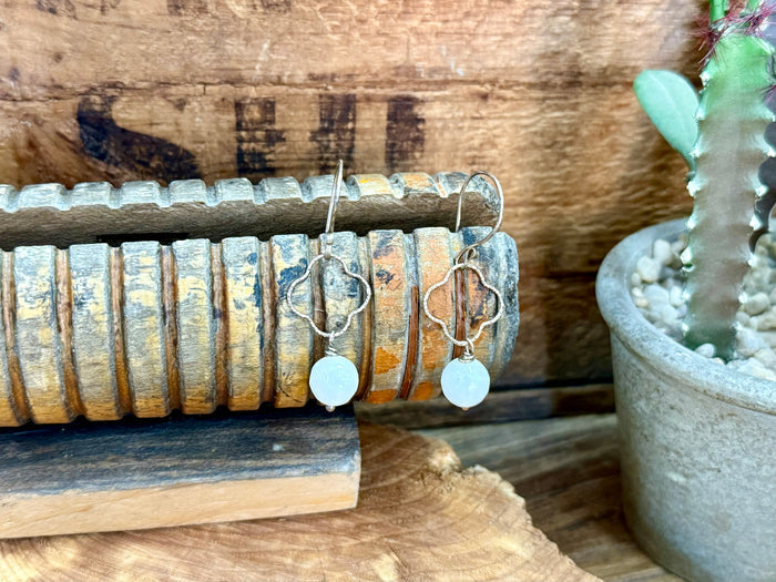 Clover-shaped vintage glass bead drop earrings with silver-tone hoops and white beads