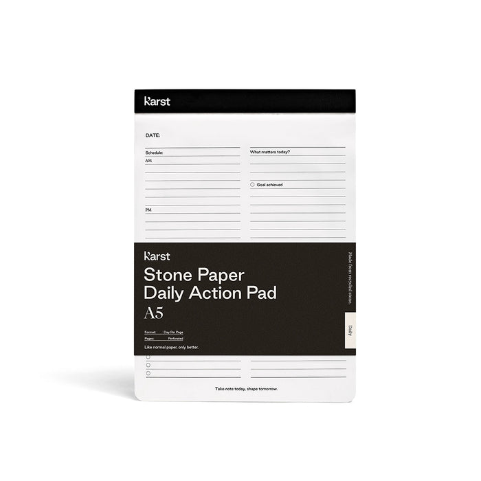 Karst Stone Paper Daily Action Pad A5 planner with structured schedule layout, eco-friendly stone paper notepad for daily planning, task management, productivity, and goal tracking.