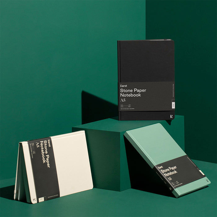 Karst A5 Stone Paper Notebooks in black, sage green, and stone displayed on geometric green blocks, featuring minimalist covers and branded belly bands.