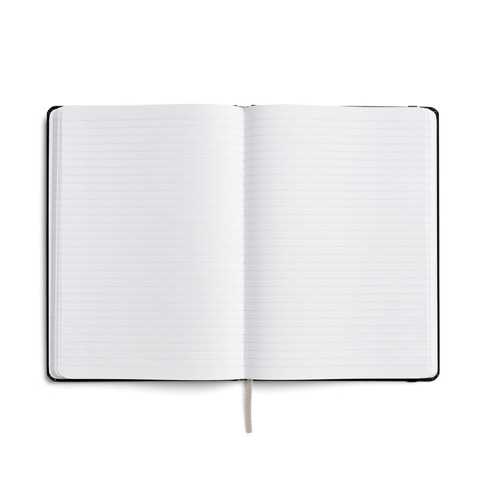 Open Karst A5 Stone Paper Notebook with lined pages, lay-flat binding, and ribbon bookmark, shown on a white background.