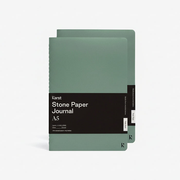 Karst A5 Stone Paper Journal twin pack in eucalyptus green with soft covers and black branded belly band, shown stacked against a light gray background.