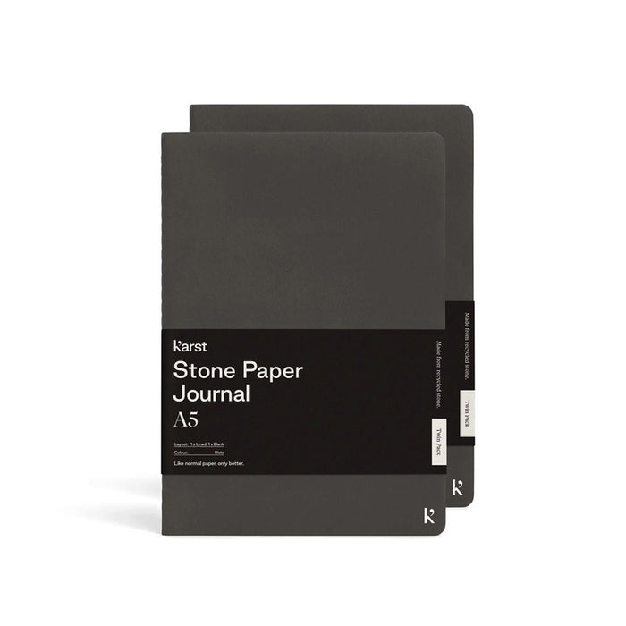 Karst A5 Stone Paper Journal twin pack in slate gray with soft covers and black branded belly band, displayed on a light gray background.