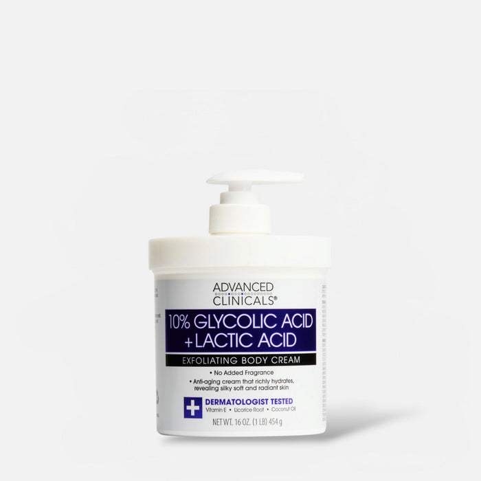 Advanced Clinicals 10% Glycolic Acid & Lactic Acid Exfoliating Body Cream 454g كريم الجسم المقشر من أدفانسد كلينيكالز، يحتوي على 10% من حمض الجليكوليك وحمض اللاكتيك - Princess Cosmetics Qatar