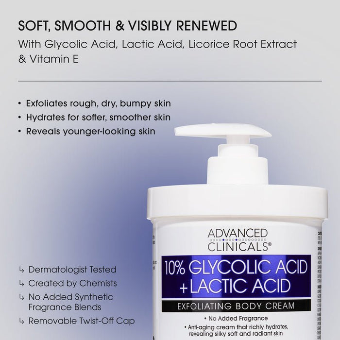 Advanced Clinicals 10% Glycolic Acid & Lactic Acid Exfoliating Body Cream 454g كريم الجسم المقشر من أدفانسد كلينيكالز، يحتوي على 10% من حمض الجليكوليك وحمض اللاكتيك - Princess Cosmetics Qatar