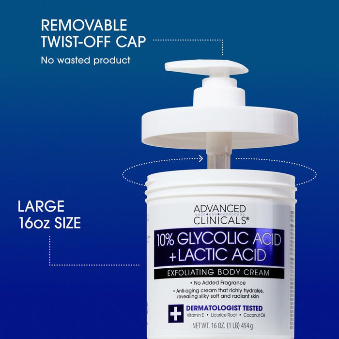 Advanced Clinicals 10% Glycolic Acid & Lactic Acid Exfoliating Body Cream 454g كريم الجسم المقشر من أدفانسد كلينيكالز، يحتوي على 10% من حمض الجليكوليك وحمض اللاكتيك - Princess Cosmetics Qatar