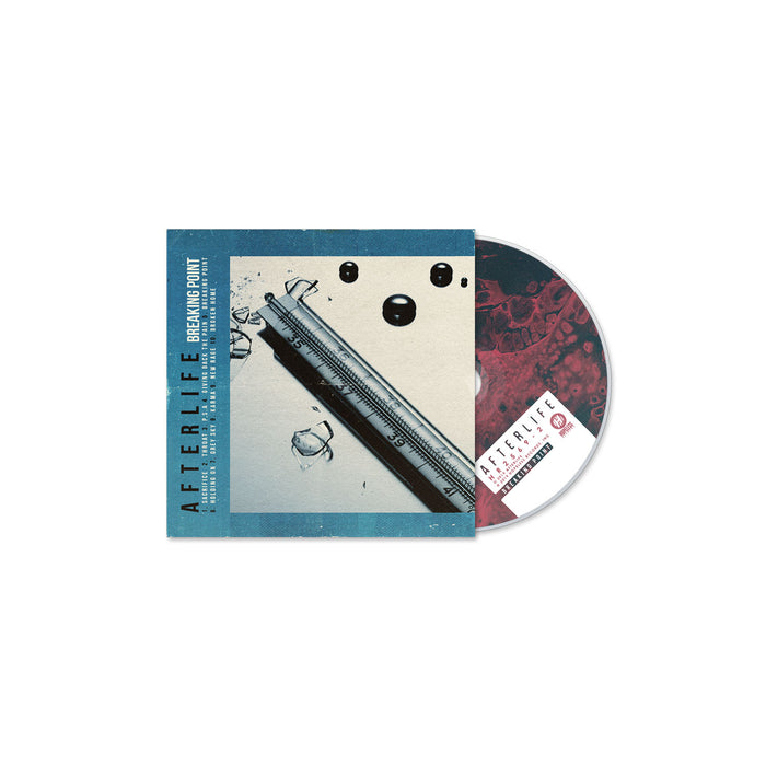 A CD partially in its case titled AFTERLIFE: BREAKING POINT by Afterlife features a cover with scattered pills, a syringe, and a thermometer, evoking addiction themes. The CD and tracklist showcase similar bold design elements.