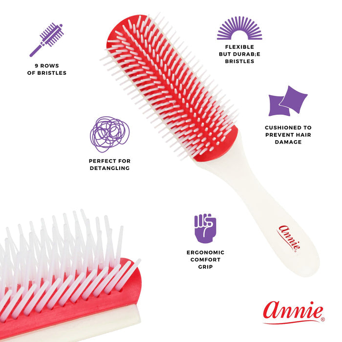 Annie Ergo 9 Row Rubber Cushion Detangling Brush, 1 Count, Red & White