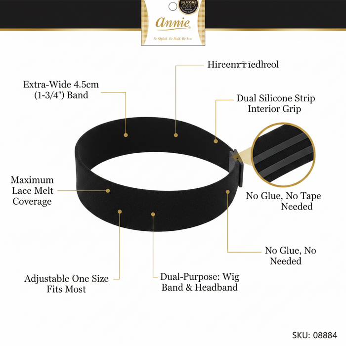 Annie Non-Slip Headband Black Silicone Lining 4.5cm Wide, 1 Count, Black