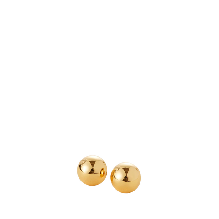A pair of gold-colored spherical dome-shaped earrings on a white background.