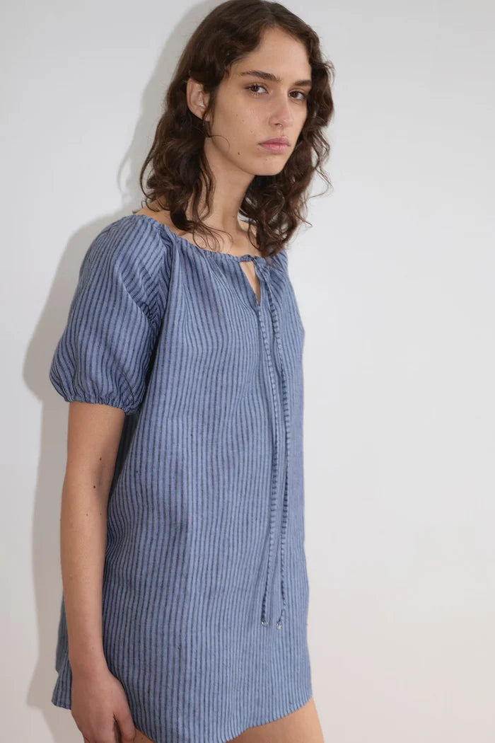 Azure Stripe Linen Smock Dress