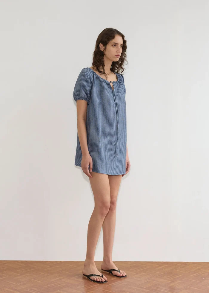 Azure Stripe Linen Smock Dress