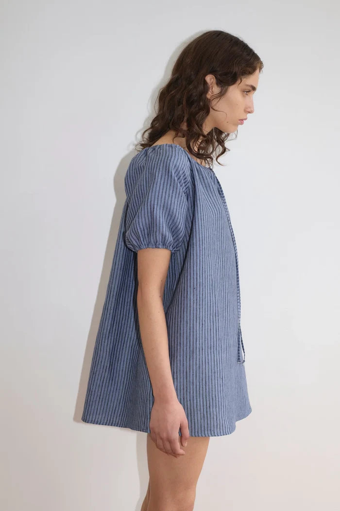 Azure Stripe Linen Smock Dress