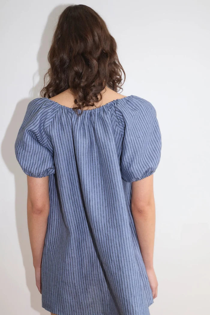 Azure Stripe Linen Smock Dress