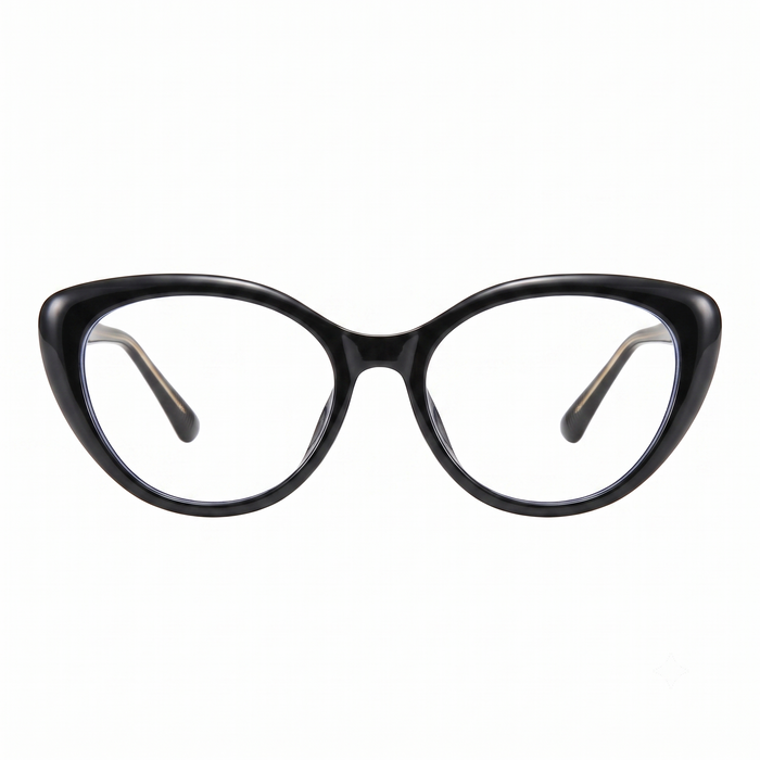 EyeCandys Bardot Cat Eye Black clear lens glasses model shot featuring elegant black cat-eye frames with non-prescription clear lenses, trendy women's fashion eyewear for everyday wear, office style, and modern chic looks.