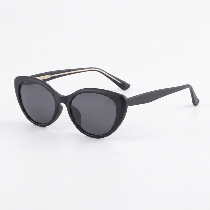 EyeCandys Bardot Cat Eye Black sunglasses model shot featuring classic black cat-eye sunglasses with UV protection, trendy women's fashion eyewear, designer-inspired shades for everyday wear, summer outfits, travel, and street style.