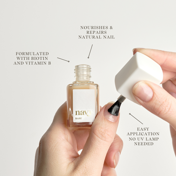 A bottle of Navy Base nail treatment. Formulated with Biotin and Vitamin B. Nourished and repairs.