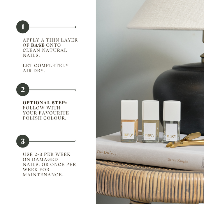 Base nail treatment. Formulated with Biotin and Vitamin B. Nourished and repairs.