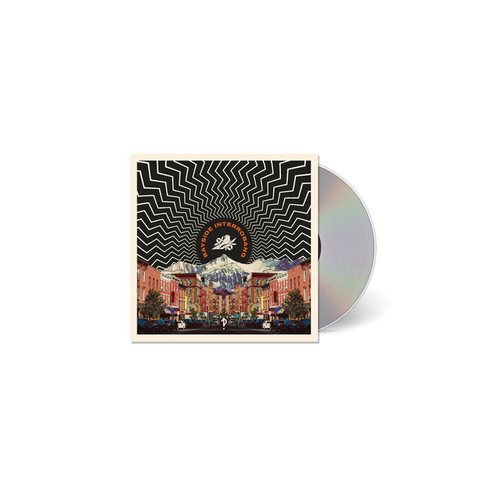 CD Album cover for Bayside "Interrgoband". Bottom half shows a town with mountain view. Middle has a black circle with Bayside - Interrobang in orange text. The top half is a lot of jagged lines over a black background
