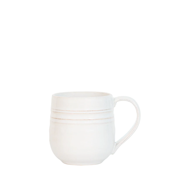 A white ceramic coffee mug with a handle on the right side, against a white background.