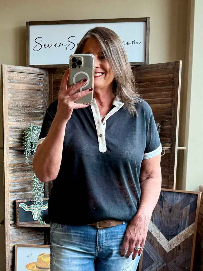Black and white burnout henley short-sleeve T-shirt with white button placket, front