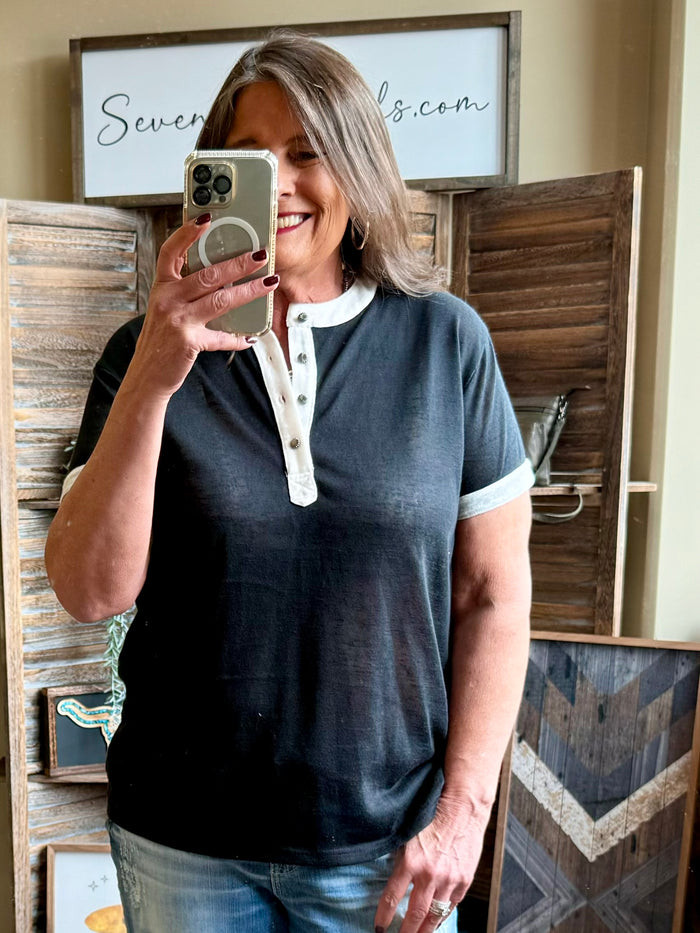 Black burnout henley short-sleeve T-shirt with white placket and button details