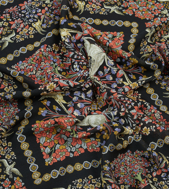 Black Mythical Forest Print Wool-Silk Bandana