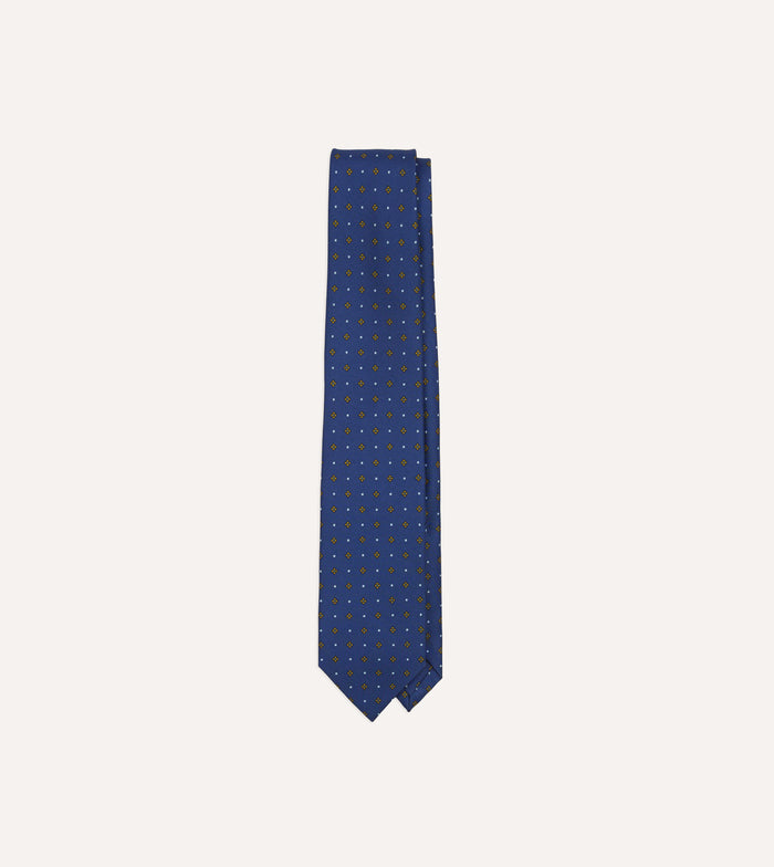 Blue Square Flowers Print Silk Self Tipped Tie