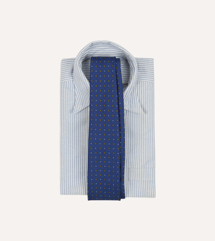 Blue Square Flowers Print Silk Self Tipped Tie
