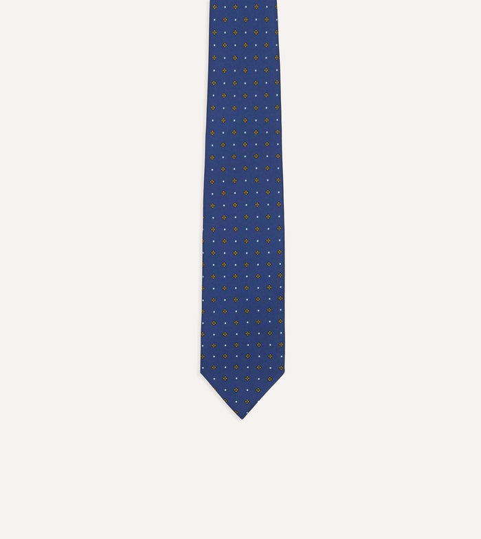 Blue Square Flowers Print Silk Self Tipped Tie