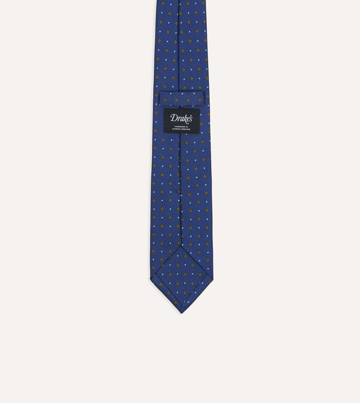 Blue Square Flowers Print Silk Self Tipped Tie