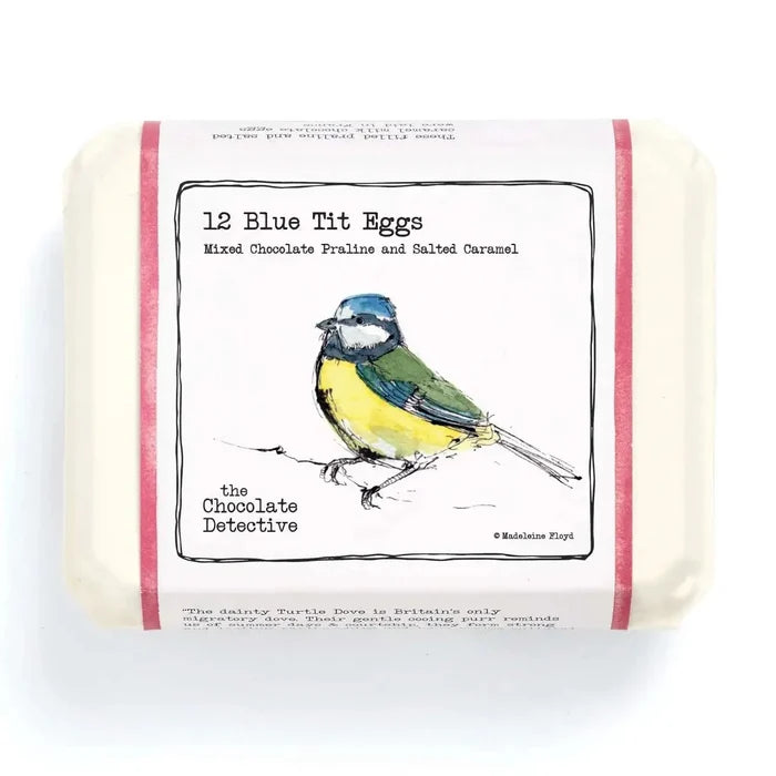 Box of chocolate eggs with a bird illustration on a white background